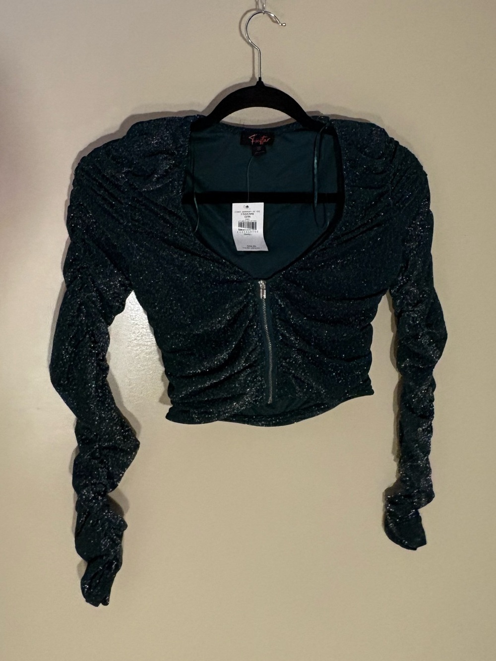 Free People Black Shimmery Ruched Zip-Front Long Sleeve Top